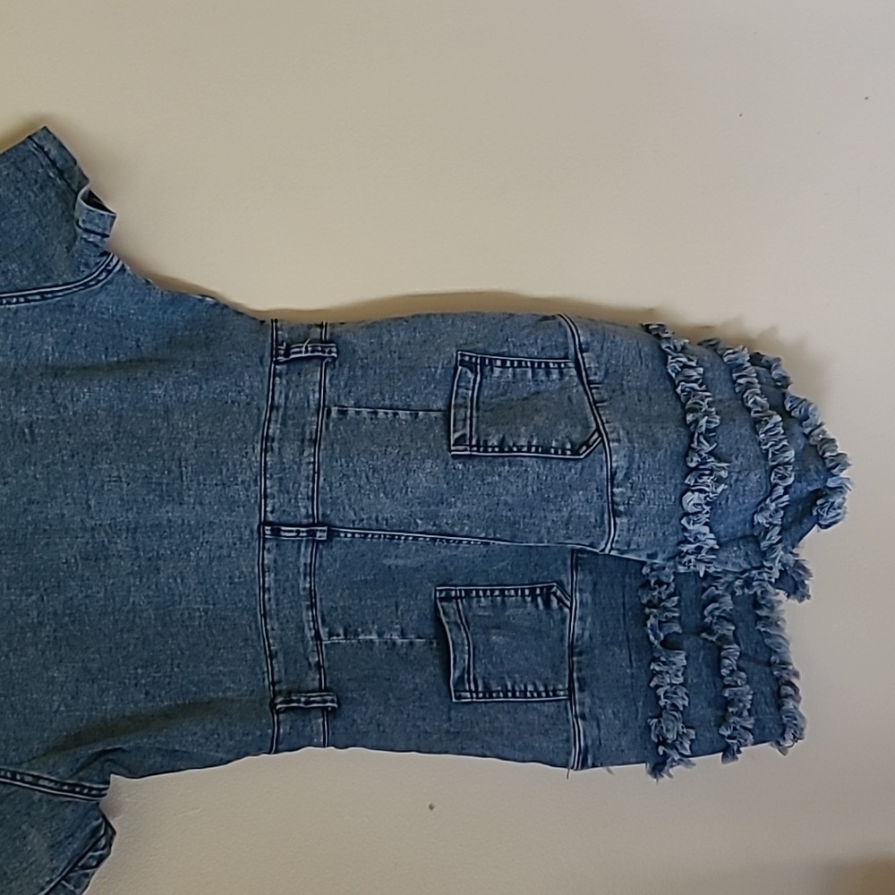Denim Short Sleeve Button-Up Romper - Picture 5 of 8